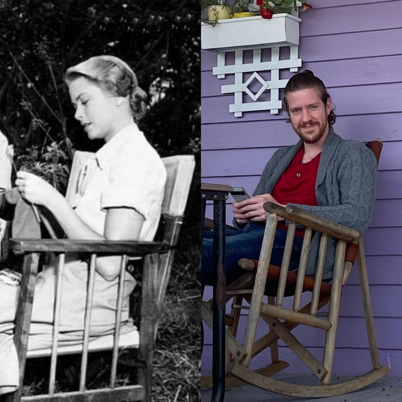A black and white picture of Grace Kelly knitting in a rocking chair next to a color picture of a white bearded young man using his phone in a rocking chair