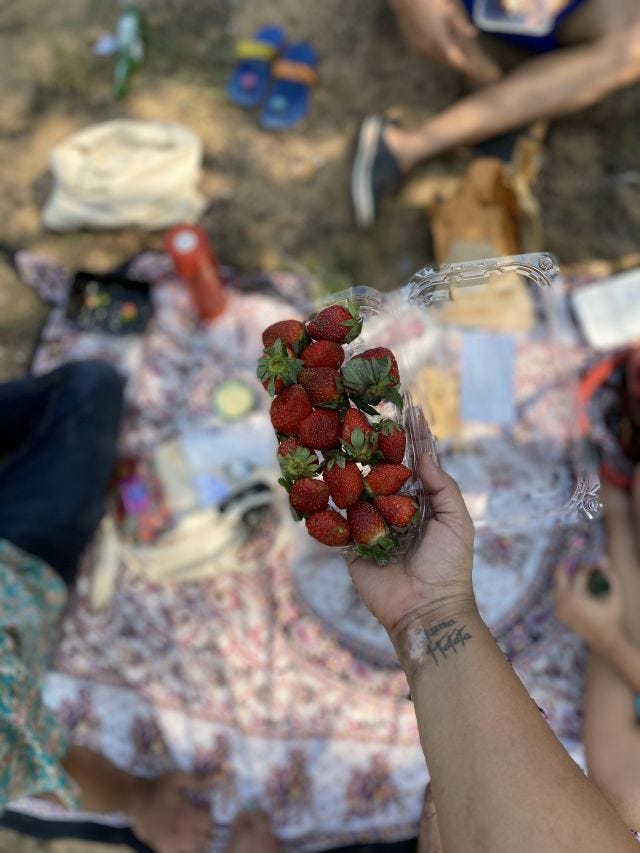a picture of strawberries against a blurred out picnic spread