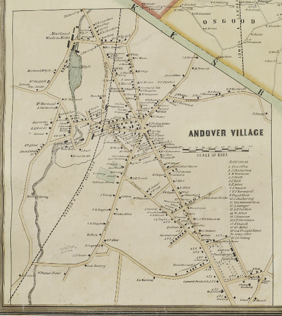 1852 map of Andover, detail showing two of the mill ponds along the Shawsheen River. 
