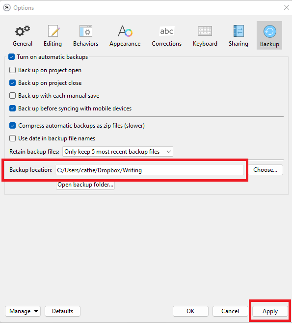 A screenshot of the Options menu in Scrivener highlighting the backup location filepath.