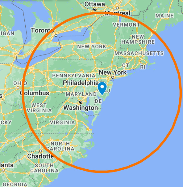 A map with a red circle showing 400 miles around my home.