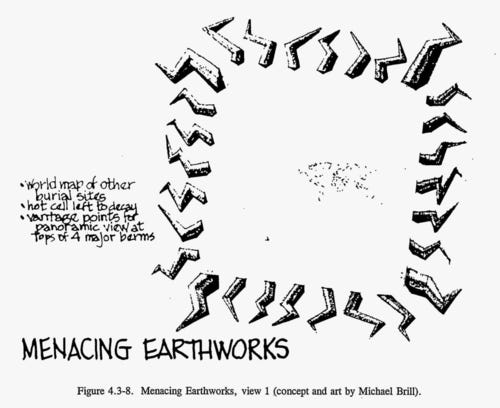 Menacing Earthworks are large mounds of lighting bolt-shaped dirt surrounding an empty square area. A map of the world is barely visible at the center. (concept and art by Michael Brill)