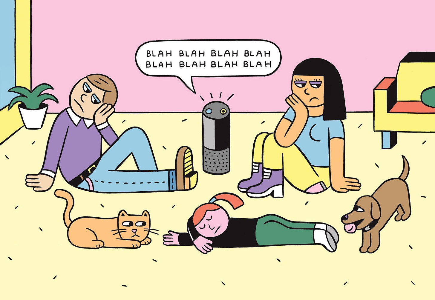 A flat illustration of a family looking bored with an Amazon Alexa blurting out “blah blah blah.”
