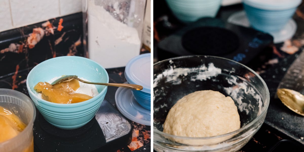 Two photos. 1- bowl of flour with lard on top and a gold spoon on top of that. 2- A ball of dough in a glass bowl