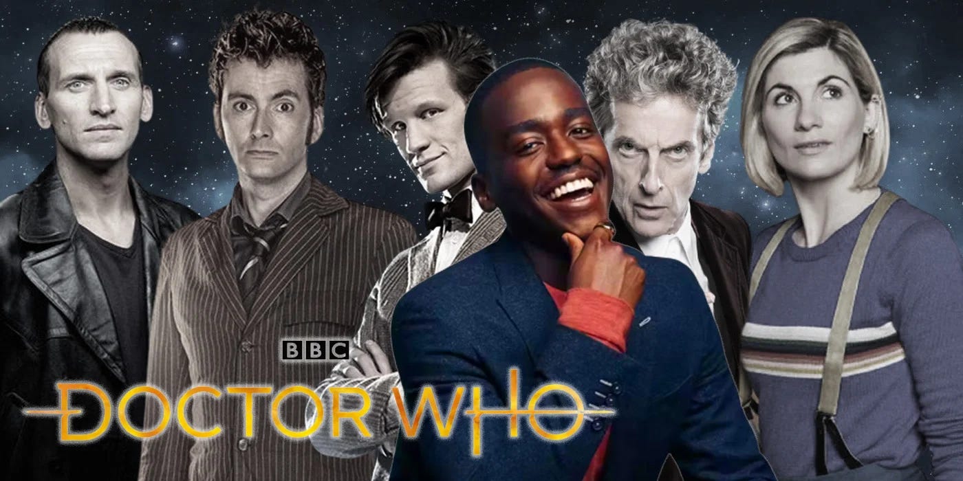 This image shows the six actors who've played the main role of the Doctor since Doctor Who returned to television in 2005. Ncuti Gatwa, the newly cast Fourteenth Doctor, stands in the image's center in full color. Arrayed behind Gatwa in slightly faded color are (from left to right) Christopher Eccleston, David Tennant, Matt Smith, Peter Capaldi, and incumbent Doctor Jodie Whittaker. The current, official BBC and Doctor Who logos are seen in the image's bottom left corner. This image shows the six actors who've played the main role of the Doctor since Doctor Who returned to television in 2005. Ncuti Gatwa, the newly cast Fourteenth Doctor, stands in the image's center in full color. Arrayed behind Gatwa in slightly faded color are (from left to right) Christopher Eccleston, David Tennant, Matt Smith, Peter Capaldi, and incumbent Doctor Jodie Whittaker. The current, official BBC and Doctor Who logos are seen in the image's bottom left corner.