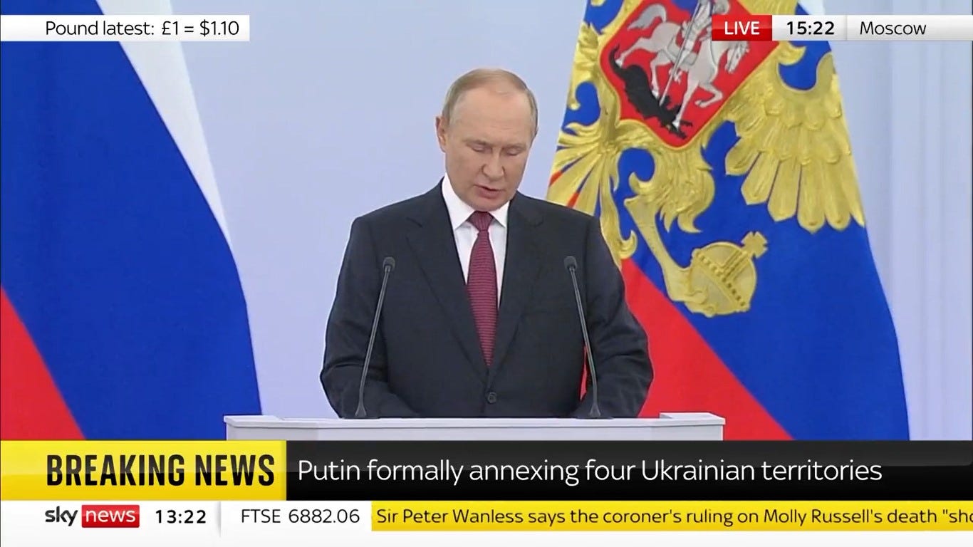 May be an image of 1 person and text that says 'Pound latest: £1= $1.10 LIVE 15:22 Moscow 13:22 BREAKING NEWS Putin formally annexing four Ukrainian territories sky news FTSE 6882.06 Sir Peter Wanless says the coroner's ruling on Molly Russell's death "sh'