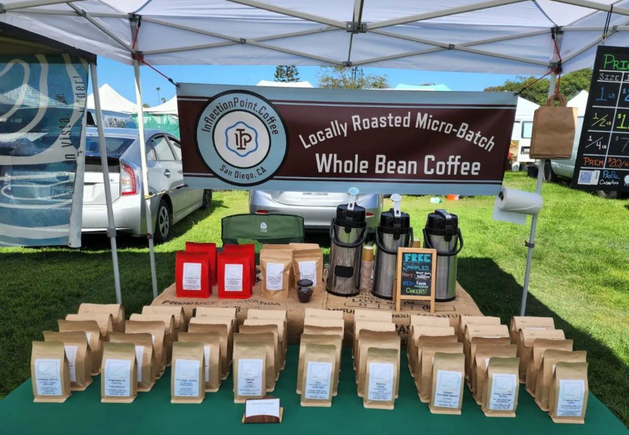 A wide-shot of a table under a tent at a farmers market. The table has a green cloth cover and rows of brown coffee bags filled with beans lined up in rows.