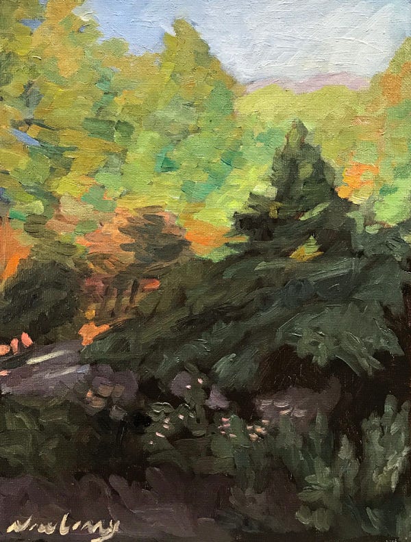 Newberry, Idyllwild Backyard, 2020, oil on panel, 12x9"