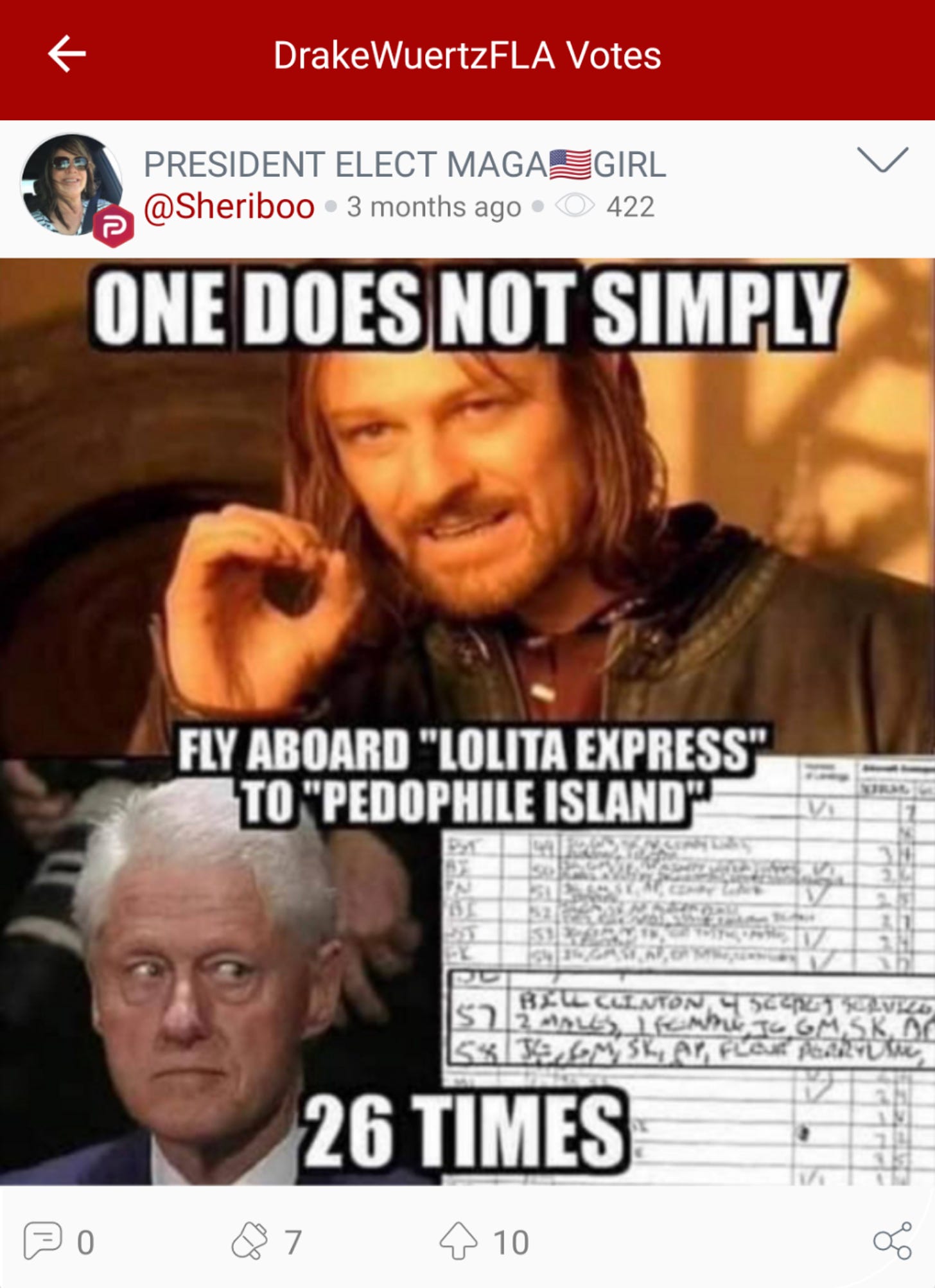 @DrakeWuertzFLA “votes” MAGA Girl’s Parler post of a meme about Bill Clinton flying on the “Lolita Express.” (Image: Parler screenshot.)