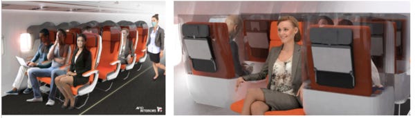 And for when the middle seat comes back....Italian company Aviointeriors has been producing aircraft cabin interiors and passenger seats for over 40 years and they have some new and innovative concepts. The "Glassafe” (left) is a protective shield that can be fitted on to existing seats "to reduce the probability of contamination. "The "Janus" seats (right) is made up of a row of three, with the seat in the middle facing the opposite direction. Each seat is fixed with a three-sided shield to prevent "breath propagation". 