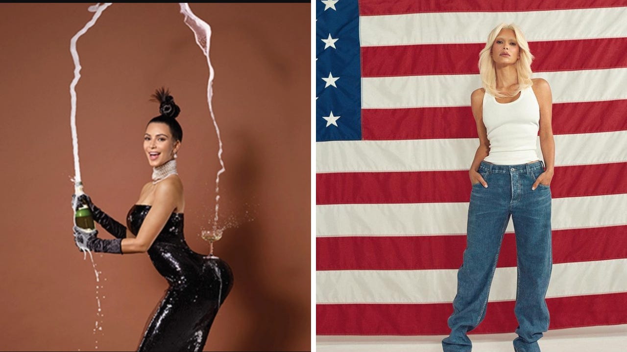 Two very different photos of Kim Kardashian. The first is from 2014, as she recreates a photo of a Black woman with a champagne glass resting on her ass. The second is of Kim with blonde hair and eyebrows wearing jeans and a white tank top, standing in front of an American flag.