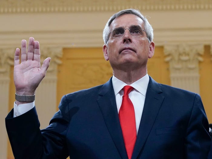 Brad Raffensperger, Georgia Secretary of State, is sworn in to testify as the House select committee investigating the Jan. 6 attack on the U.S. Capitol continues to reveal its findings of a year-long investigation, at the Capitol in Washington, Tuesday, June 21, 2022.
