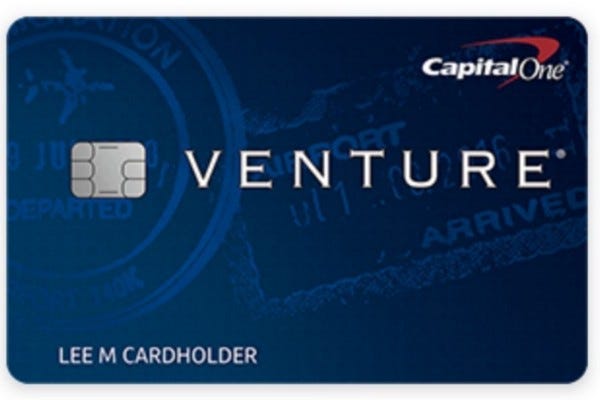 A front view of the CapitalOne Venture Rewards credit card.