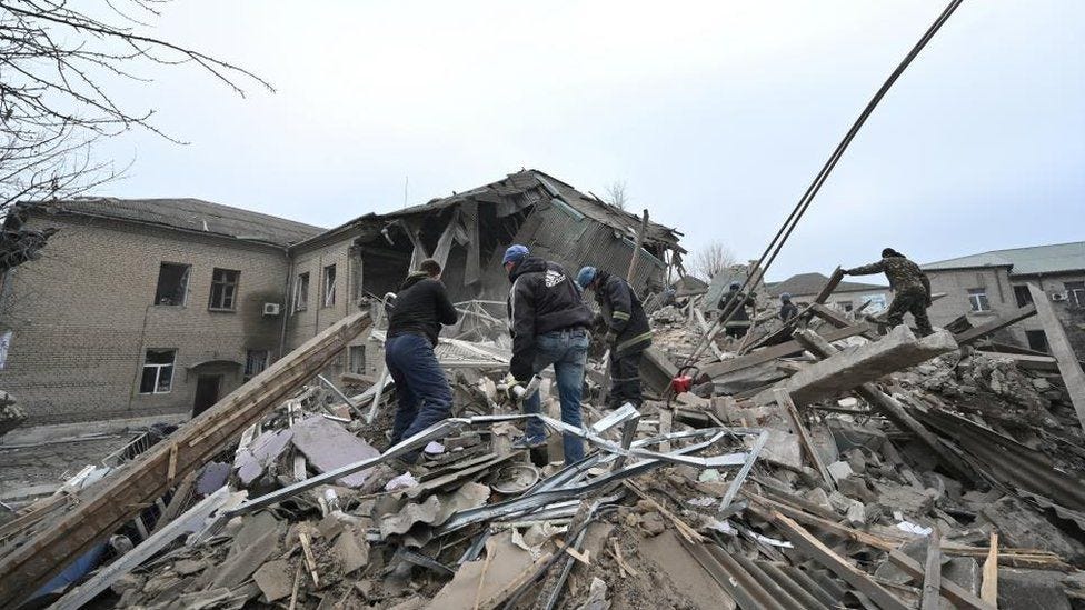 Rescuers work at the site of a maternity ward of a hospital destroyed by a Russian missile attack, as their attack on Ukraine continues, in Vilniansk, Zaporizhzhia region, Ukraine 23 November 2022.