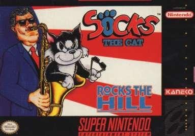 The box for the video game Socks the Cat Rocks the Hill. On the box, a cartoon Socks sits inside a saxophone being played by former President Bill Clinton. 