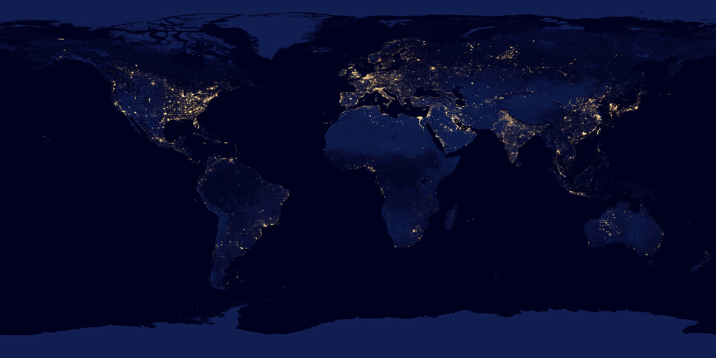 World map made of composite images of the nighttime lights globally from NASA