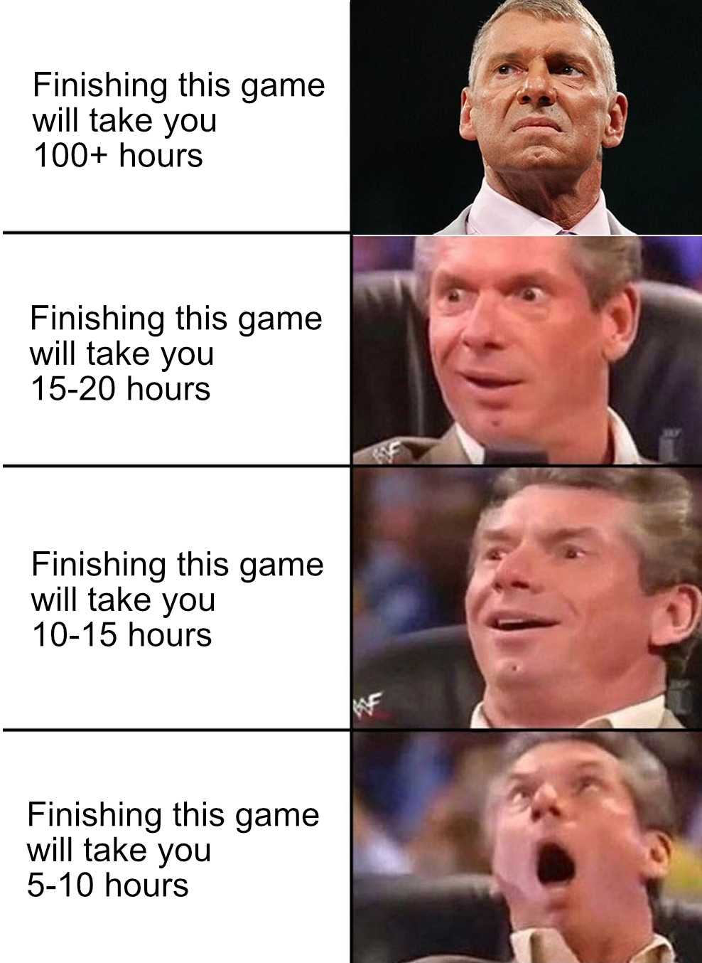 A meme of comparing game lengths to the delight and intrigue of WWE's Vince McMahon.