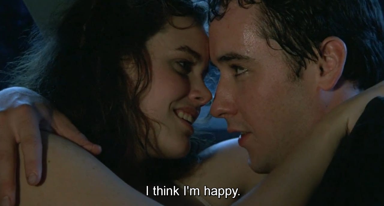 Diane Court (Ione Skye) and Lloyd Dobler (John Cusack) hold each other in their arms in the backseat of a car. Lloyd says, "I think I'm happy."