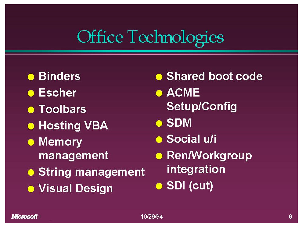 Office Technologies (Slide): Binders, Escher, Toolbars, VBA, Memory Mgmt, String Mgmt, Visual Design, Shared boot code, ACME setup, SDM, Social UI, Ren, SDI