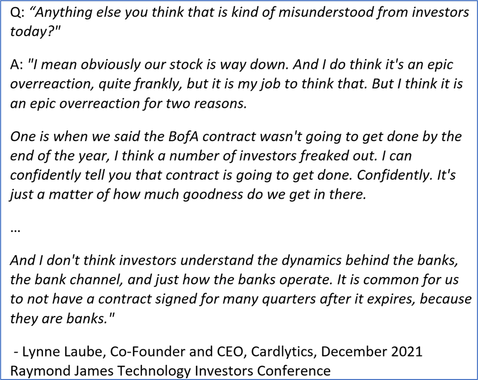 BofA, Cardlytics, CDLX, Bank of America, BofA renewal with Cardlytics, Figg, Rewards Network, Augeo, Lynne Laube, Co-Founder and CEO, Cardlytics, December 2021 Raymond James Technology Investors Conference, CDLX, Swany407, Austin Swanson,  misunderstood by investors, banks