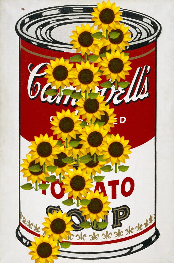 Warhol's soup can, "splattered" by sunflower emoji
