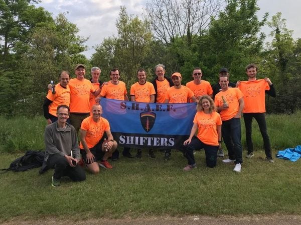 SHAEF Shifters (runners and helpers) with Peter Kennedy (GBR race organiser). (Absent: Ollie)