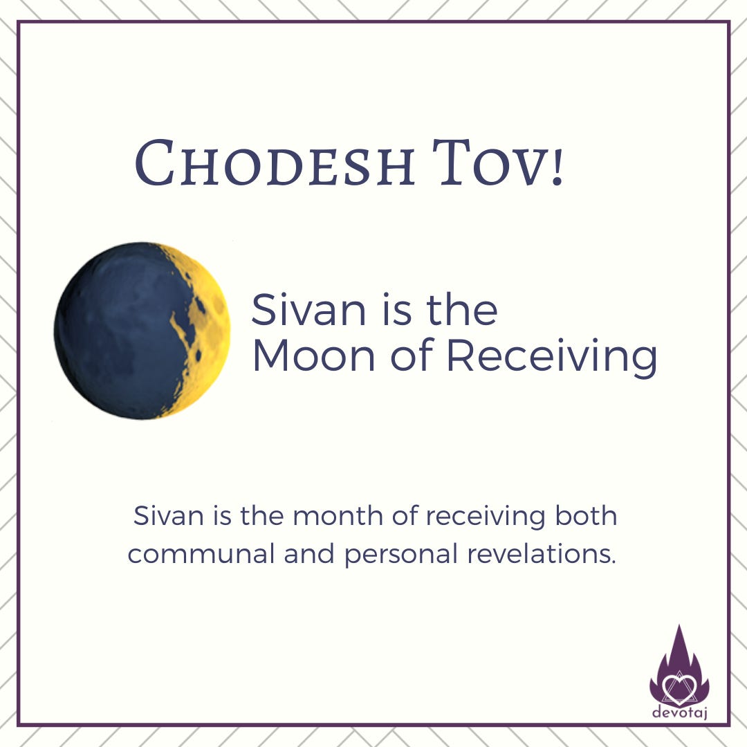Graphic Text: Chodesh Tov! Sivan is the moon of receiving where we receive both communal and personal revelations.