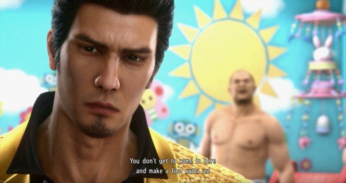 Kiryu regretting many of his life decisions as a man in a diaper yells at him about coming in to his place of babyplay and making a fool of him