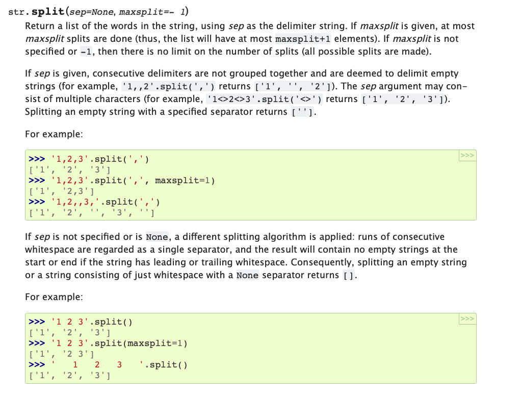 Python split function documentation on the web