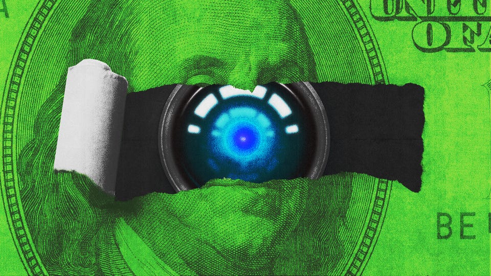 An illustration of a robotic eye peering out from a torn $100 bill.