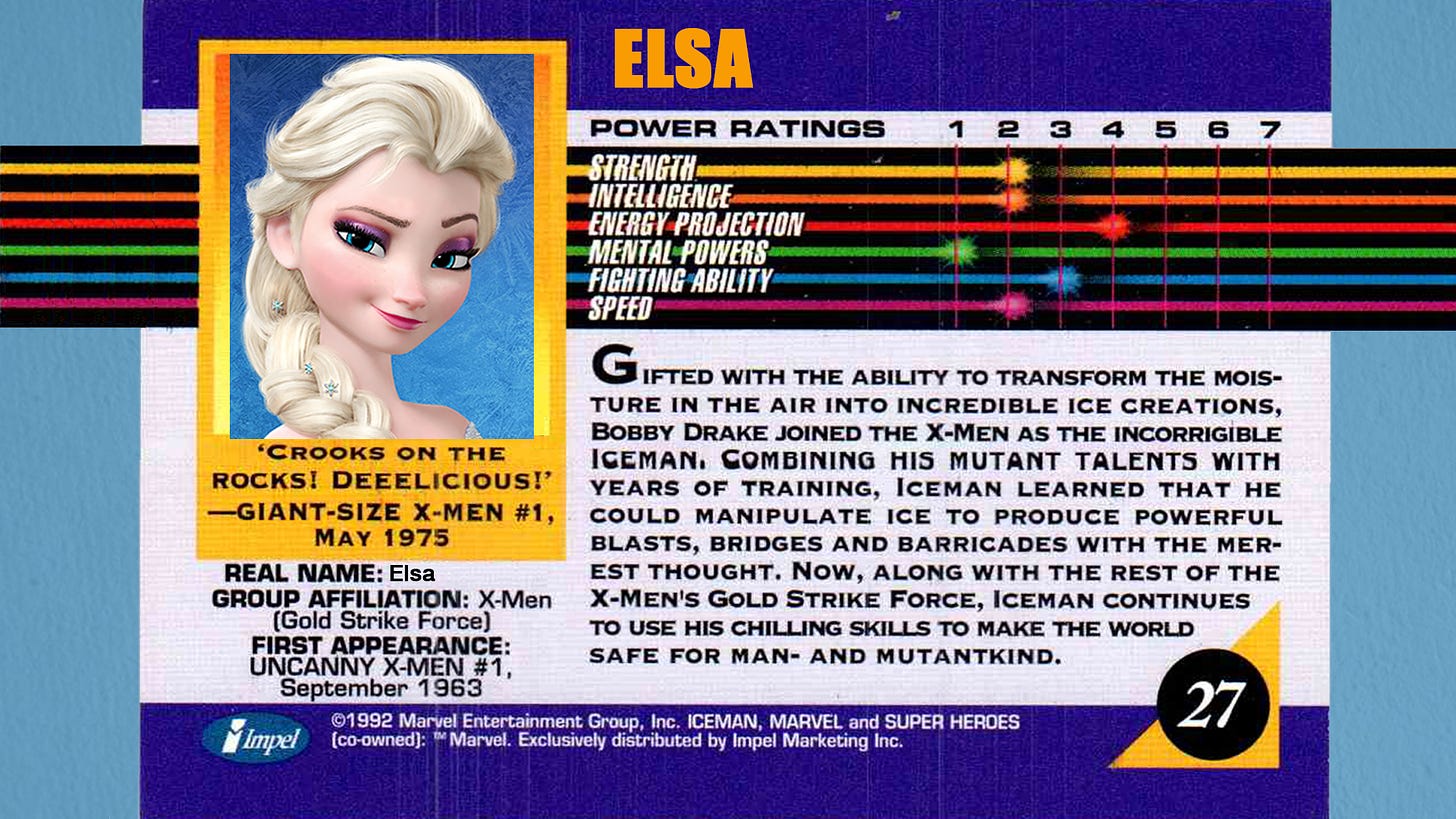 Poorly done picture of Elsa's Marvel trading card that I totally didn't just put on iceman's card and not edit his name out of most of it. 