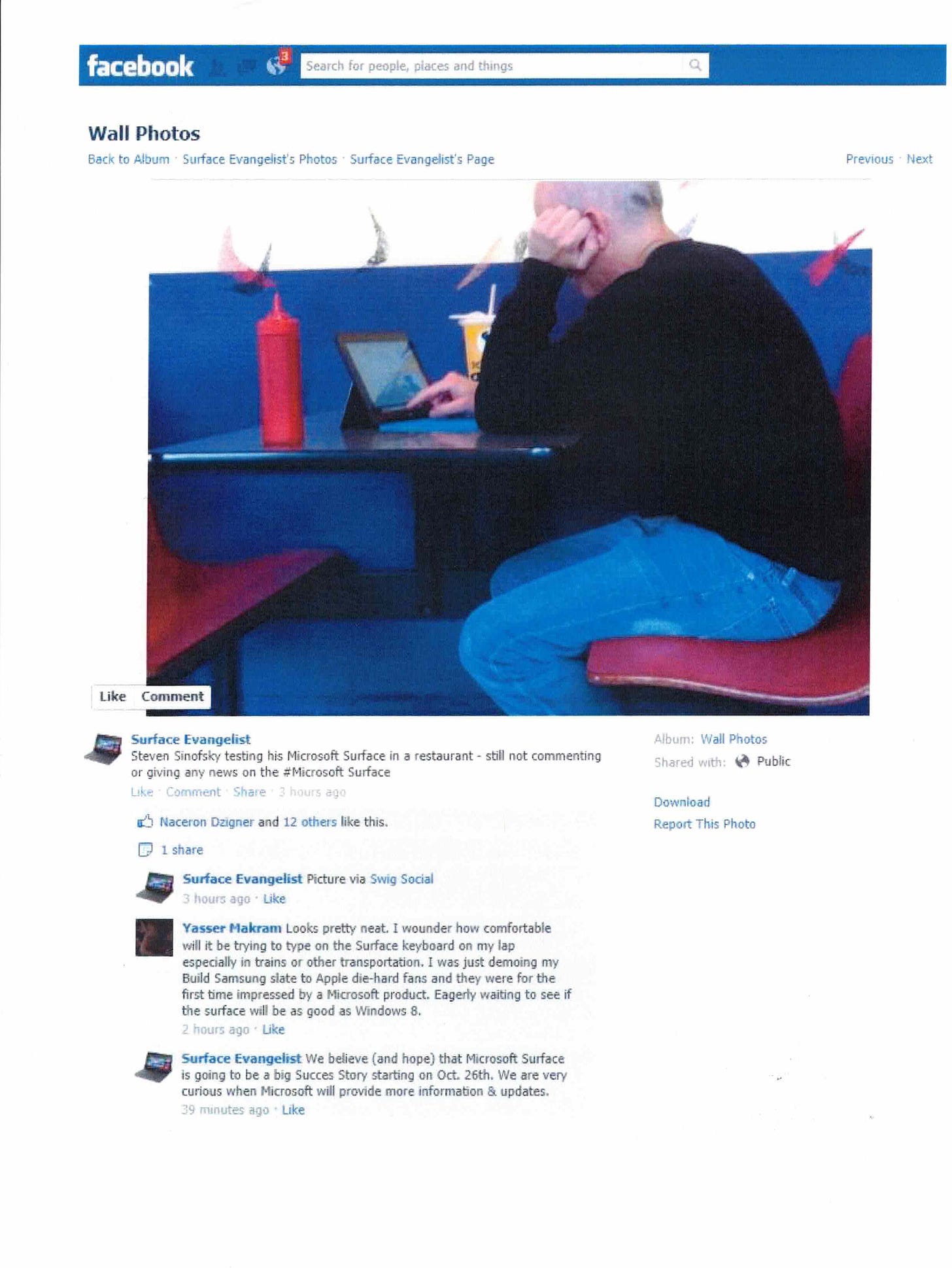 A Facebook post from the "wall" of the Facebook account "Surface Evangelist". I am sitting at a booth at a diner typing on Surface.