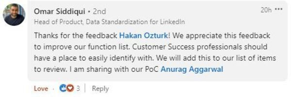 Linkedin Head of product and data standardization replies back positively