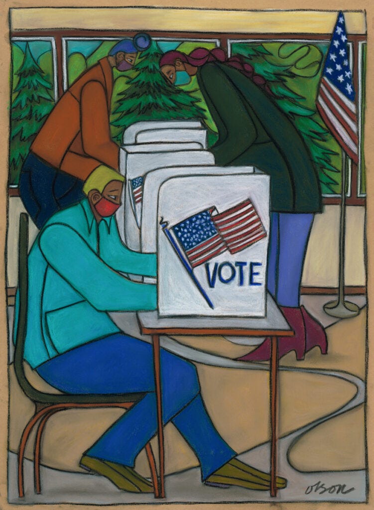 an image of a pastel artwork that shows a person wearing a red mask and blue shirt sitting down at a voting booth next to a few other voters. a US flag and the word "vote" is on the booth
