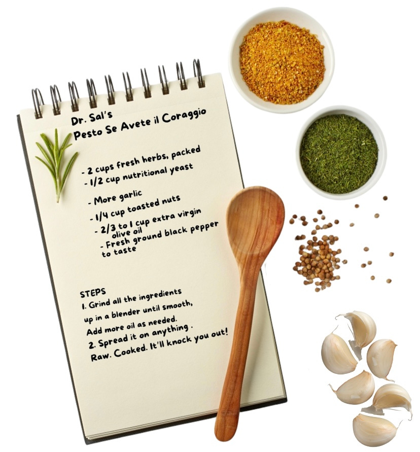 Dr. Sal’s pesto recipe on a pad with some ingredients alongside it