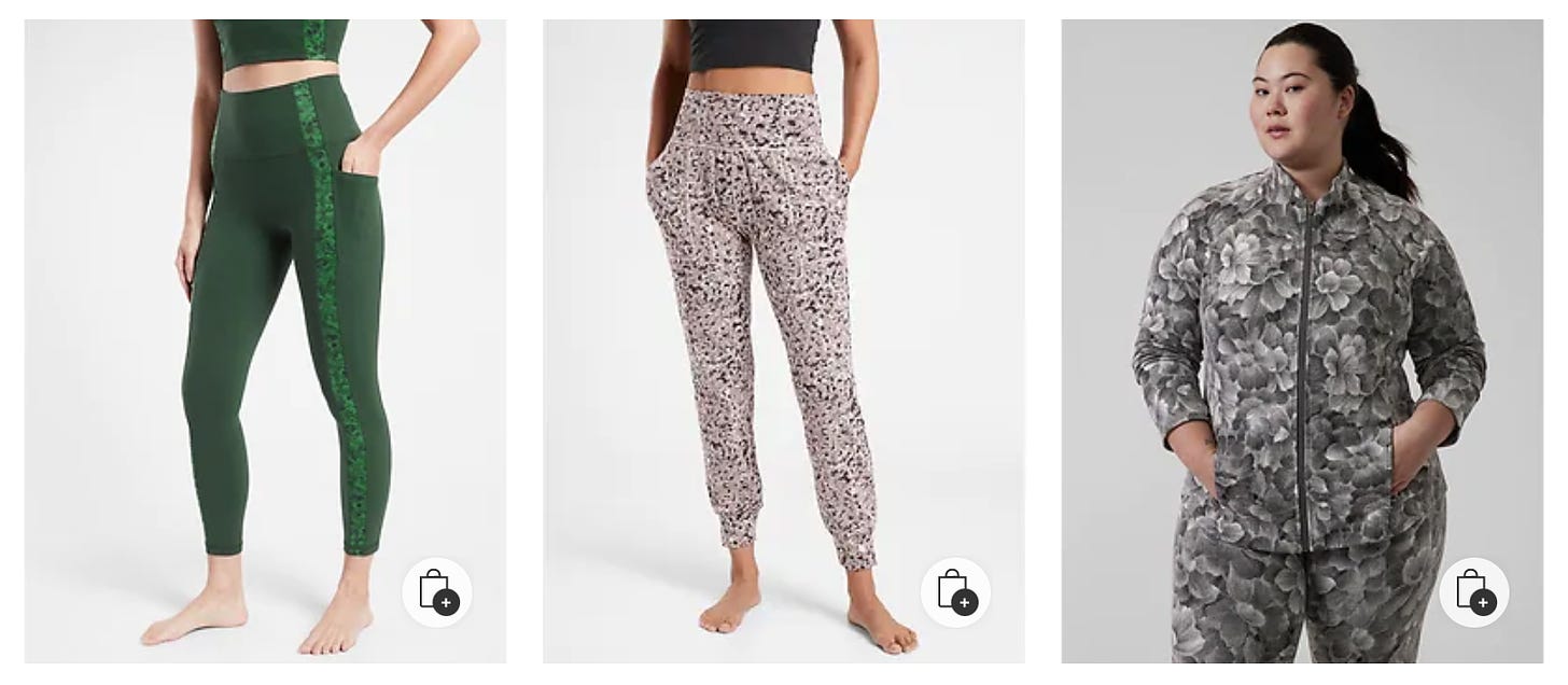 A screenshot of Athleta's catalog, featuring hands tucked in pockets in leggings, joggers, and a jacket.