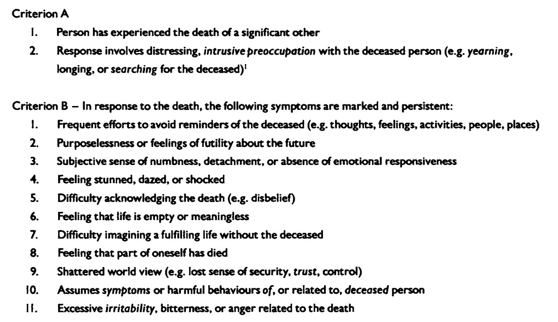 List of criteria for diagnosing traumatic grief