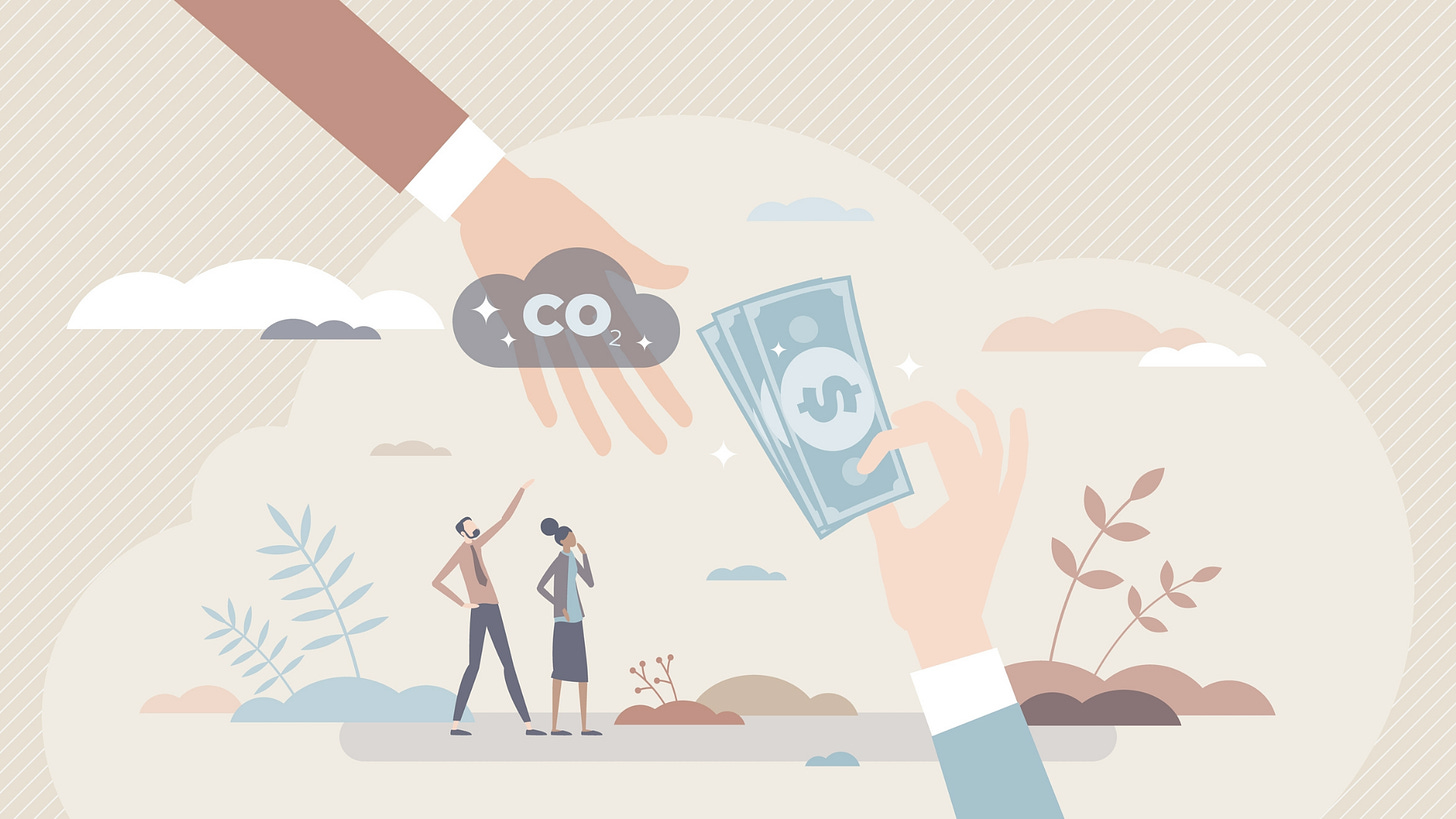 Two people pointing at dollar bills and a CO2 cloud floating in the sky