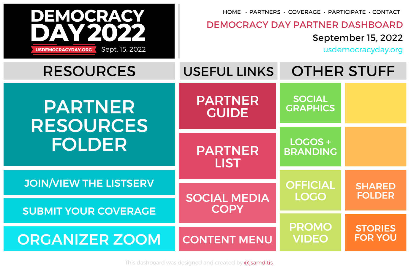 A multicolor dashboard of links to all the different tools, resources, and relevant links that Democracy Day partners might need to access to participate in the collaborative.