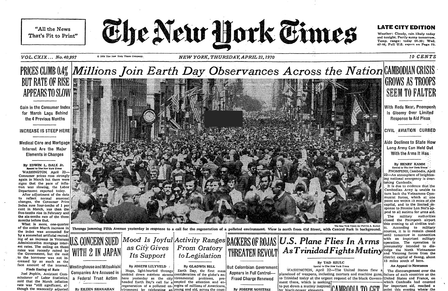 New York Times front page (April 23, 1970): "Millions Join Earth Day Observances Across the Nation."