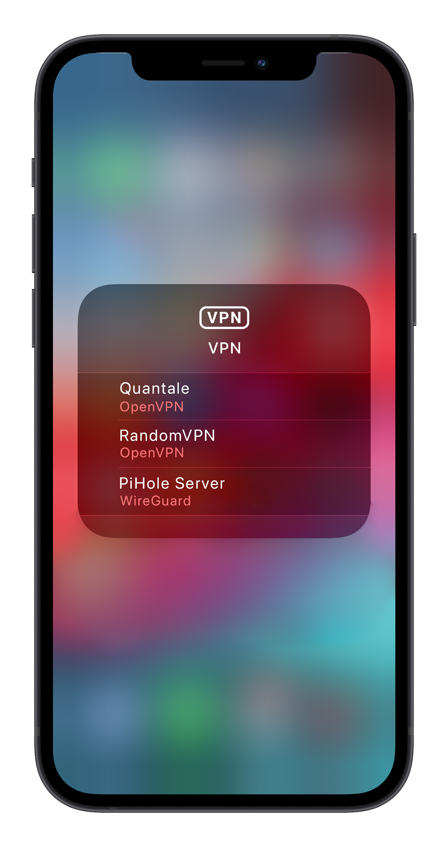 Long press on the VPN icon in Control Center reveals the list of available server