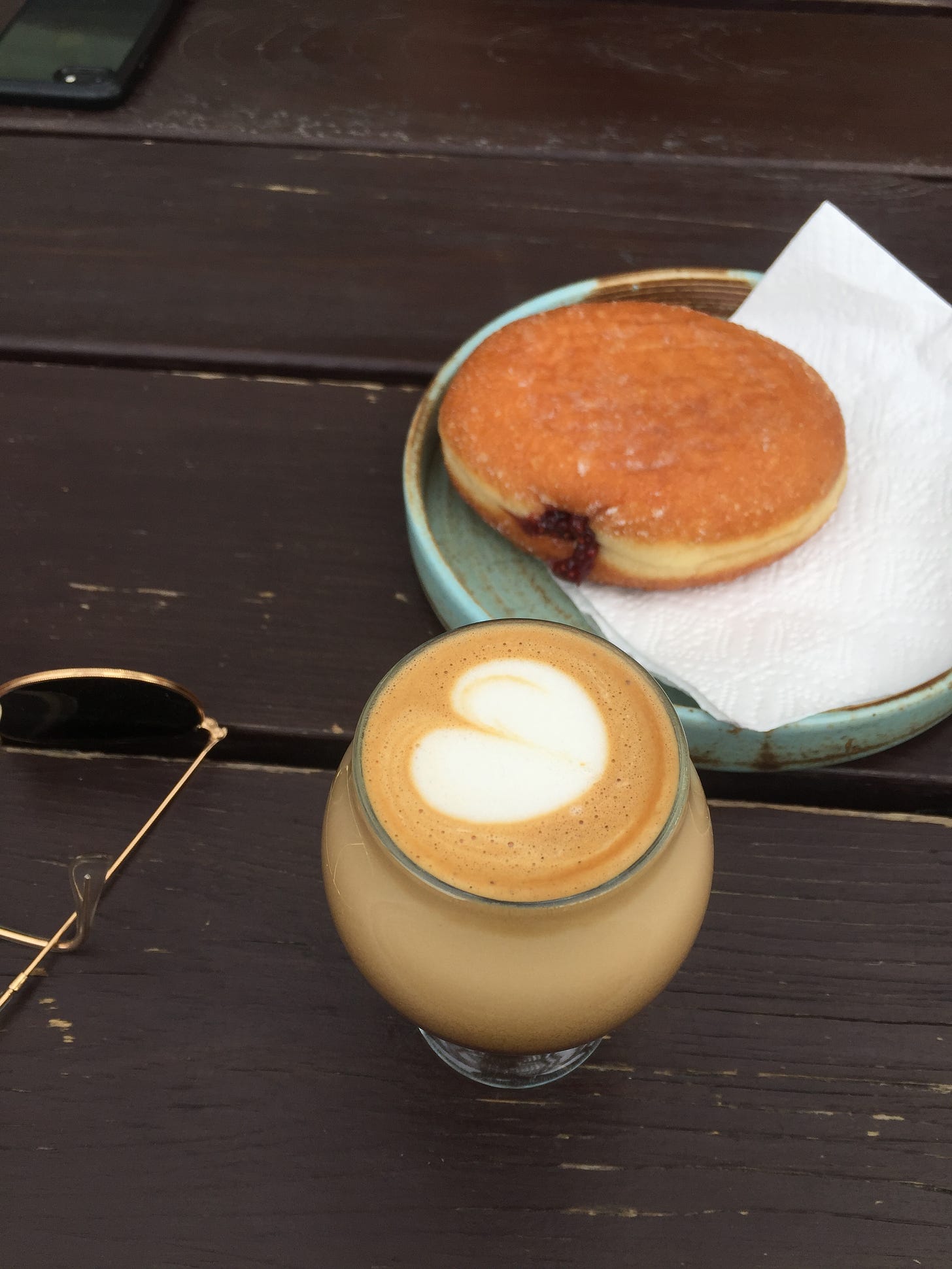 A small tulip glass with a cortado in it and heart-shaped art in the foam on top. Behind the glass is a pale blue stoneware plate with a jelly donut on it. Just visible at the side of the frame are a pair of sunglasses with gold rims.