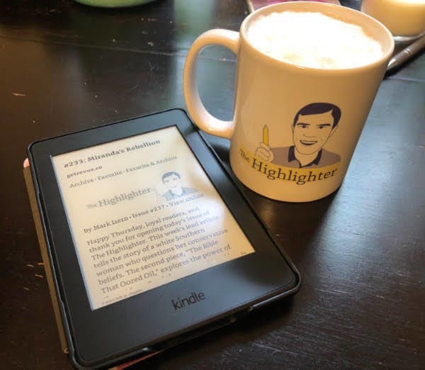Along with a warm beverage, VIP Maria is re-reading her copy of “Miranda’s Rebellion,” this month’s Article Club selection, on her Kindle. Want to join Article Club this month? Here’s more info: hltr.co/miranda1