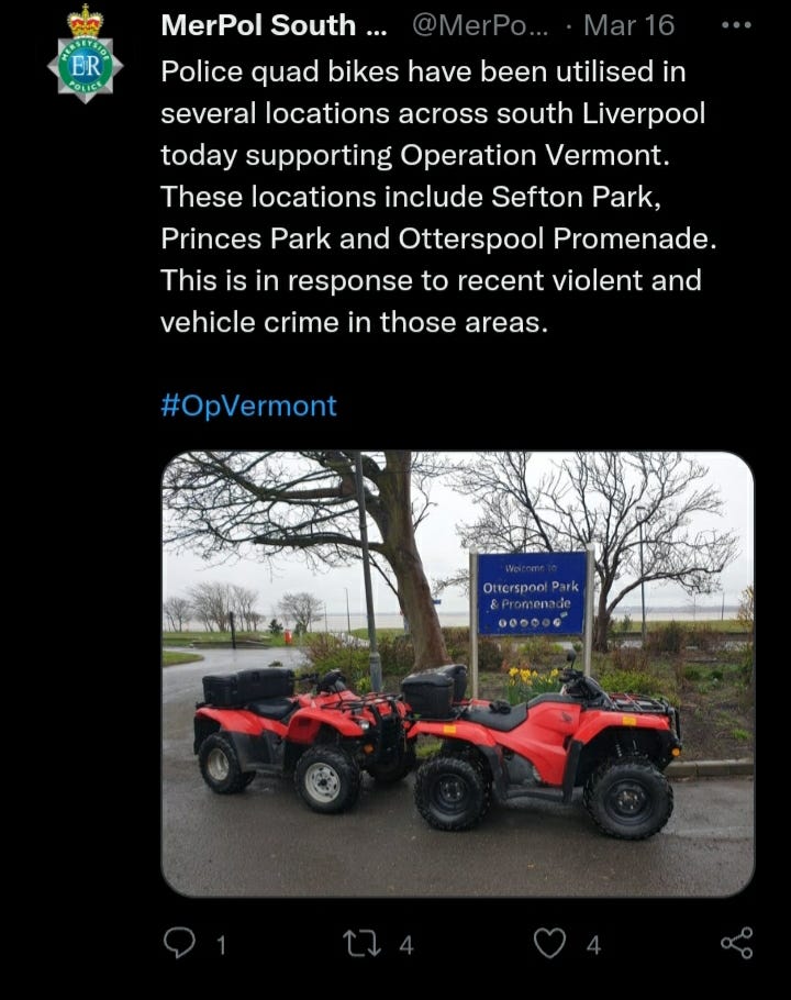 Twitter screenshot from Merseyside police with a photo of 2 red quad bikes on Otterspool Prom