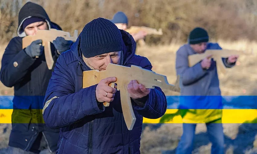 Ukrainians take part in military training for civilians as part of the Don’t Panic! Prepare! campaign, amid threat of Russian invasion. (Photo: Mykola Tys/SOPA Images/LightRocket via Getty Images, additional design by Tina Tiller) 
