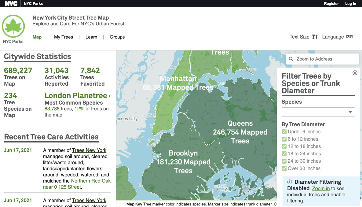 Image description: Screenshot of the NYC Tree Map summary page. End image description.