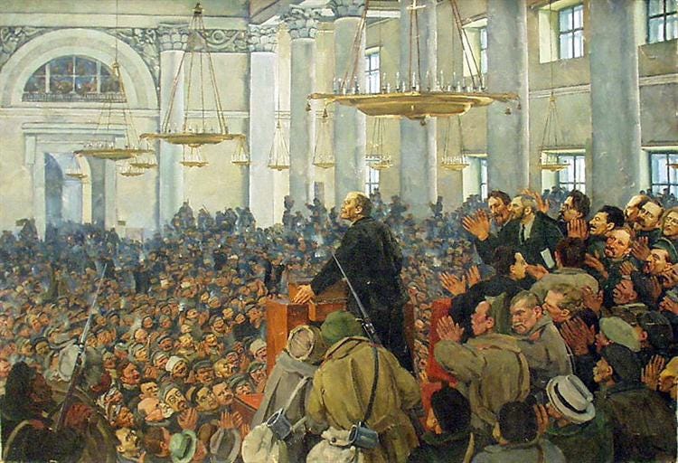 First appearance of Lenin at a meeting in Smolny, the Petrograd Soviet on  Oct. 25, 1917, 1927 - Konstantin Yuon - WikiArt.org