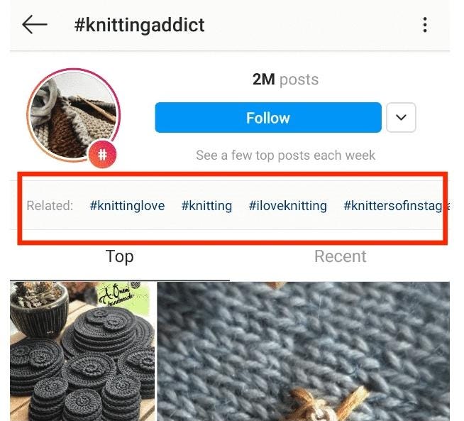 Related hashtags displayed at the top of hashtag page on Instagram