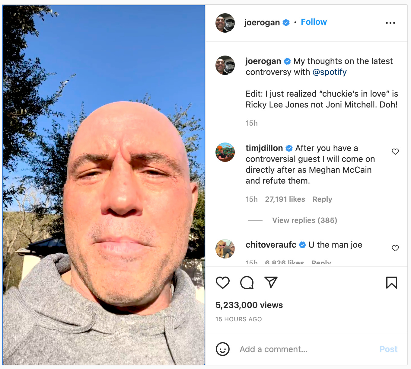 Screenshot from Joe Rogan’s Instagram post, with Rogan in harsh sunlight looking like a sweaty talking thumb.