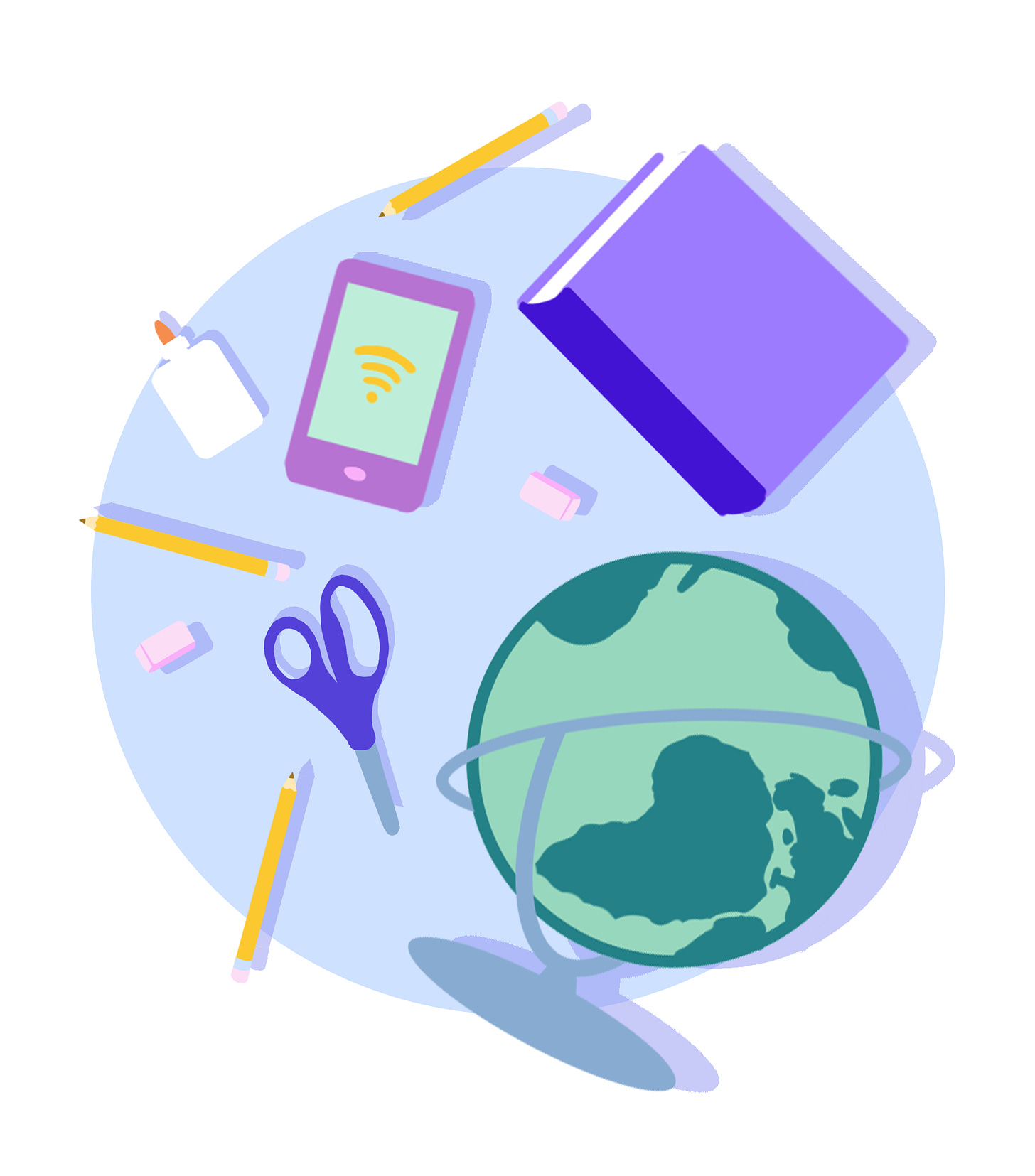 An illustration of objects associated with education: a globe, a book, pencils, erasers, paste, a cellphone, scissors